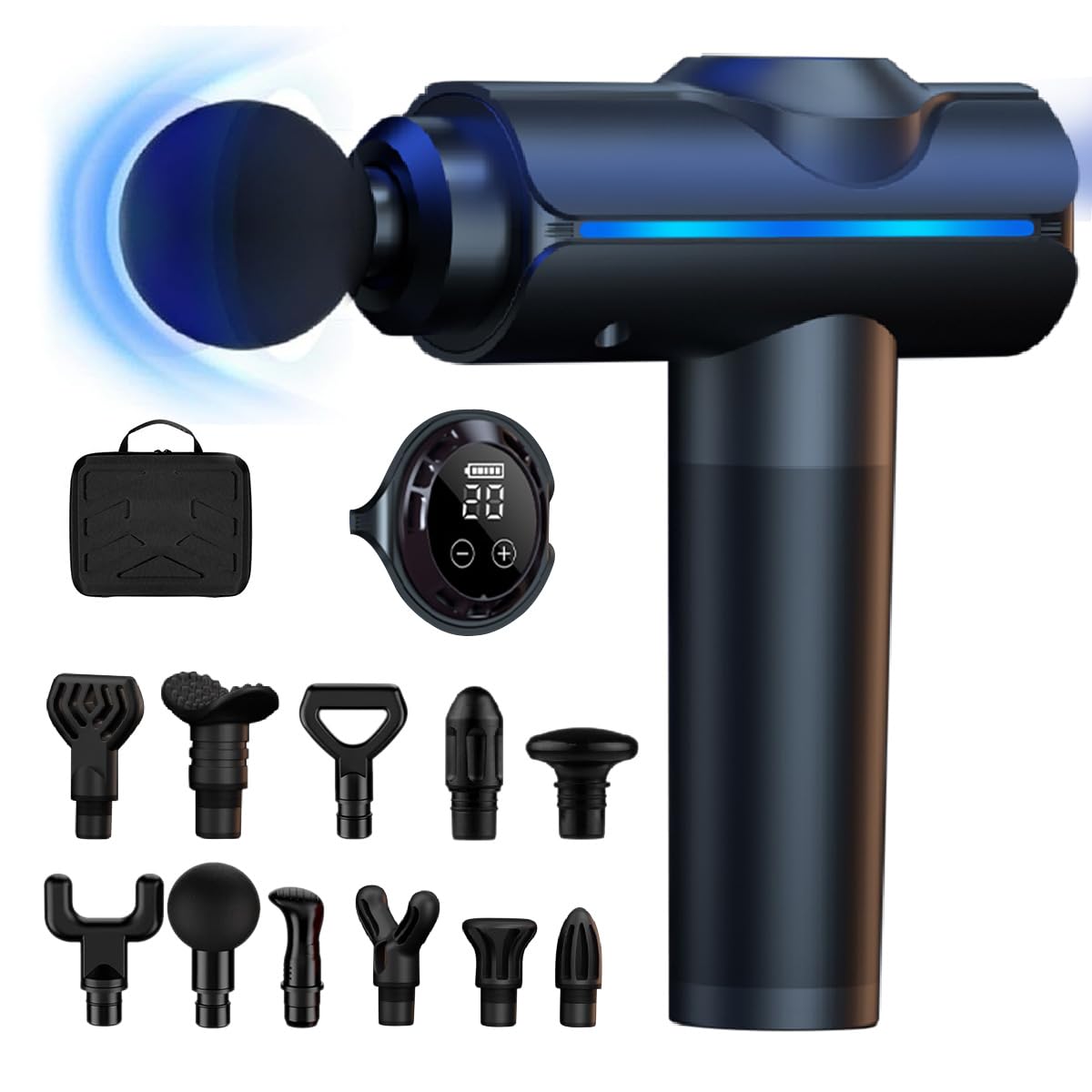 Pistola De Masajes,Pistola Masajeadora con 11 Cabezales y 20 Velocidades Ajustables,Masajeadores Eléctrico de Mano con Pantalla Lcd,Masajeador Muscular Ideal para Hombros,Cuello, Espalda
