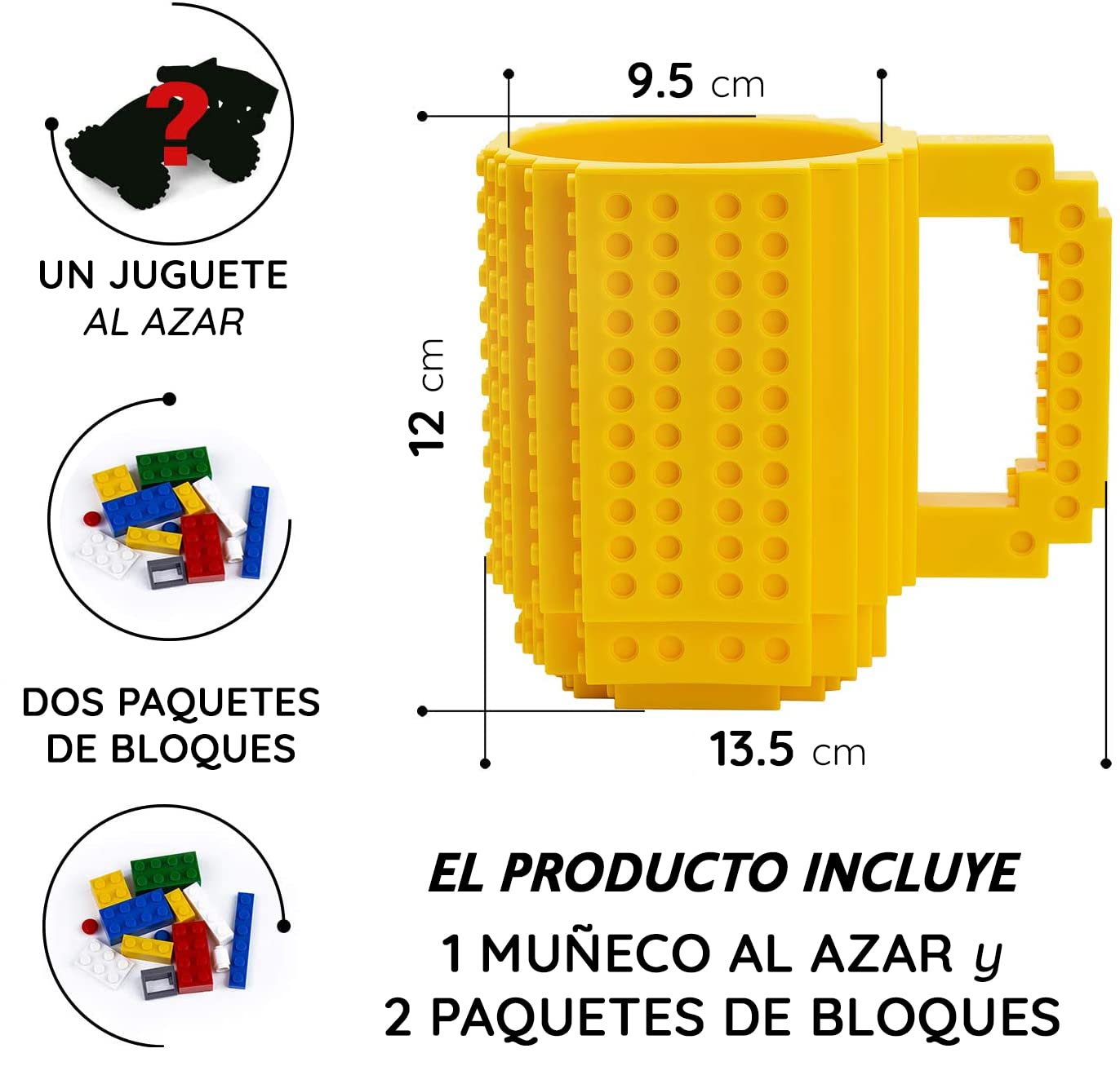 John & John Taza armable de diseño Divertido para Ladrillos, Incluye un muñeco y 2 Sets de Bloques de construcción para Jugar (10 Colores) - Amarillo