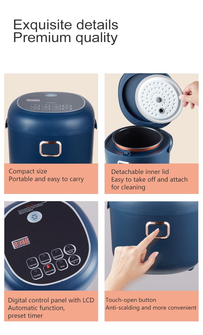 AMIEROUS Mini olla de arroz portátil de viaje, 2 l para coche/camión/hogar, 12 V/24 V/110 V con bandeja de vapor (azul)