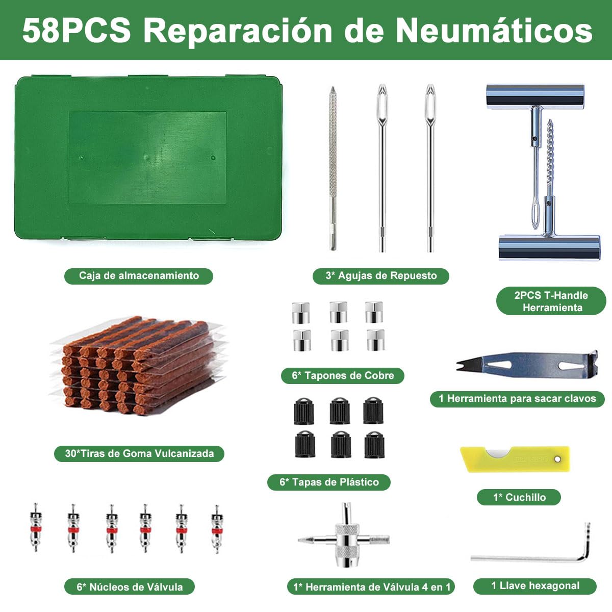 Kit de Reparación de Neumáticos ADILIKADII 58PZS Profesional para Coche, Motocicleta y Más