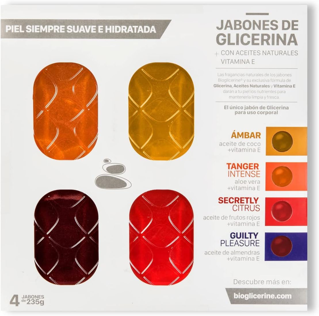 BIOGLICERINE Set de Jabones de Glicerina con Vitamina E | 4 Pack | Hidratantes y Humectantes | Ideal para Todo Tipo de Piel | Aromas Únicos | 235 gr C/U