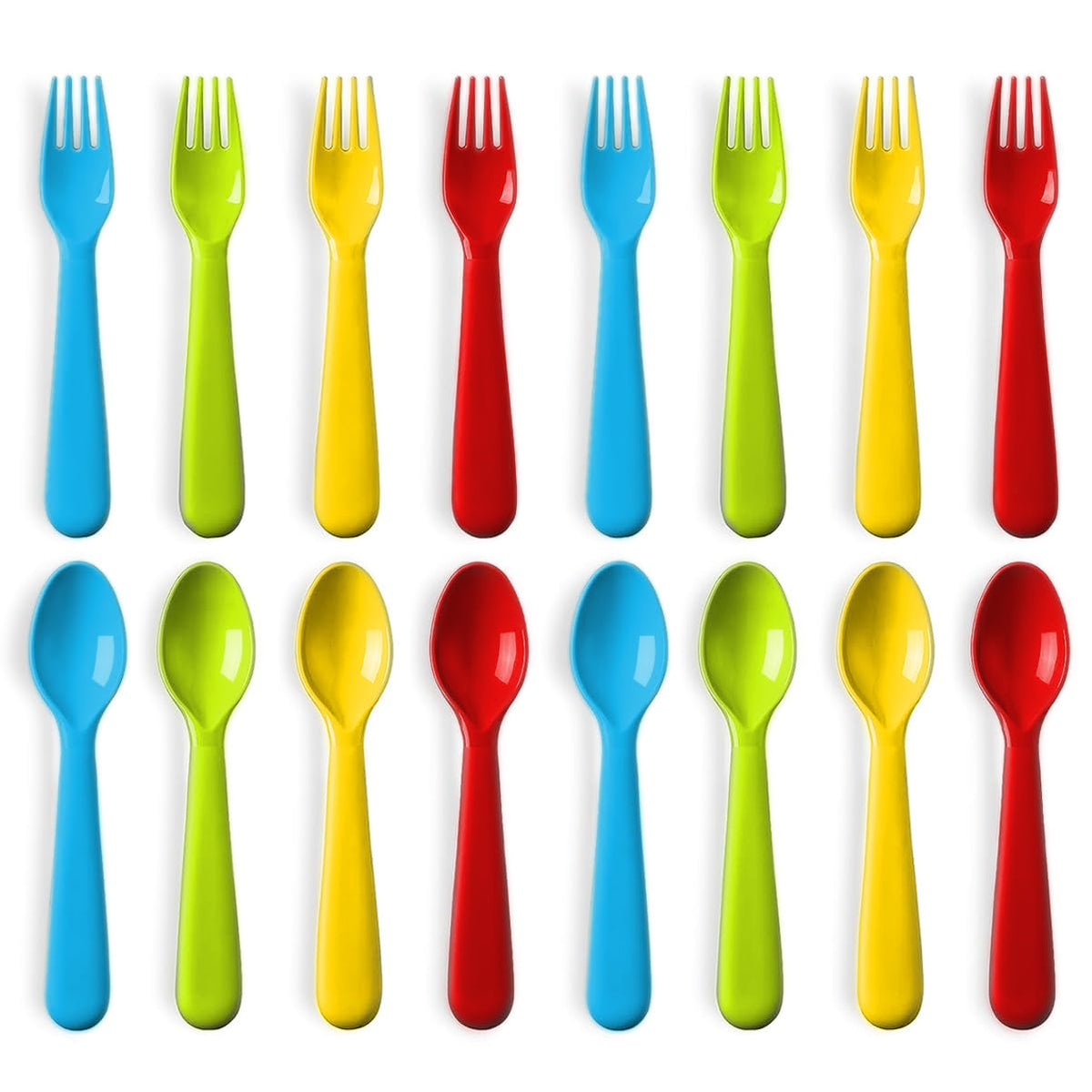 Plaskidy - Juego de utensilios de plástico para niños pequeños, 8 tenedores y 8 cucharas para niños, sin BPA, apto para lavaplatos, cubiertos de colores brillantes, ideal para niños pequeños