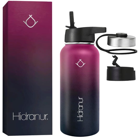 Hidranur Termo de Acero Inoxidable Doble Aislamiento Térmico, Termo Para Café 32 oz (946.35 ml), 3 Tapas Herméticas, 2 Popotes, 24 Hrs de Agua Caliente y Fría (Morado, 32 Oz (946.35 ml))