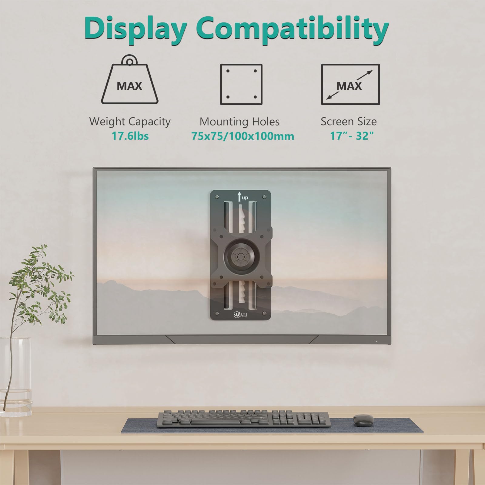 Soporte de Monitor WALI Negro Ajustable para Pared, para Pantallas de 17 a 32 Pulgadas y hasta 8 kg