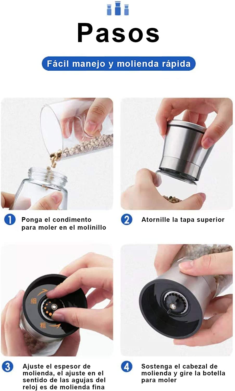 JoalGfda Juego de molinillo de sal y pimienta, molinillo de sal marina de cerámica ajustable y molinillo de pimienta de acero inoxidable, salero y pimentero de vidrio Molinillo de sal (160ml 1 pcs)