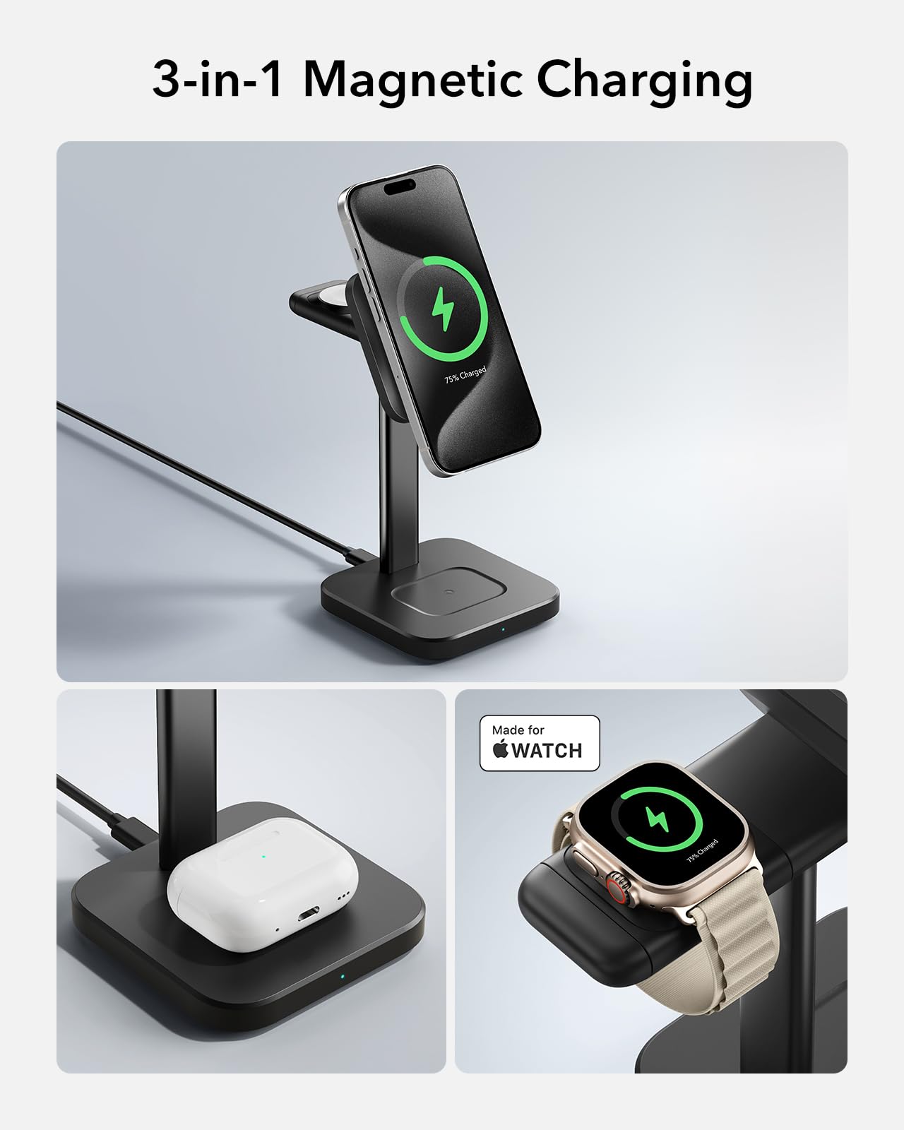 ESR Estación de carga inalámbrica 3 en 1 para Apple [certificado] Cargador portátil Apple Watch y soporte de cargador MagSafe, cargador inalámbrico para múltiples dispositivos iPhone 17/16/15/14/13/12