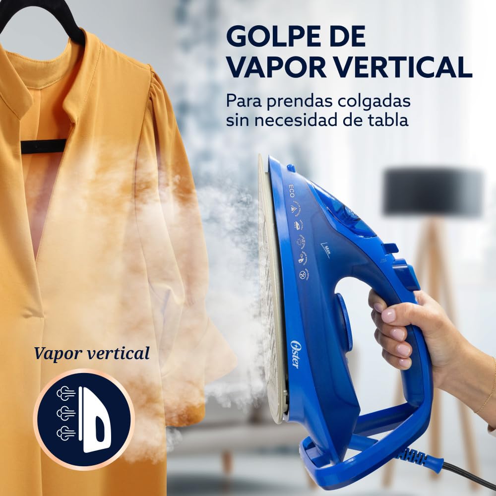 Oster Plancha de Vapor, AeroGlide Plus S7600, con Golpe de Vapor 200 g/min, Recubrimiento Metálico Cerámico, Suela con más Cobertura, Tecnología Aeroceramic, Función Eco, Azul Claro, GCSTAC7601-013