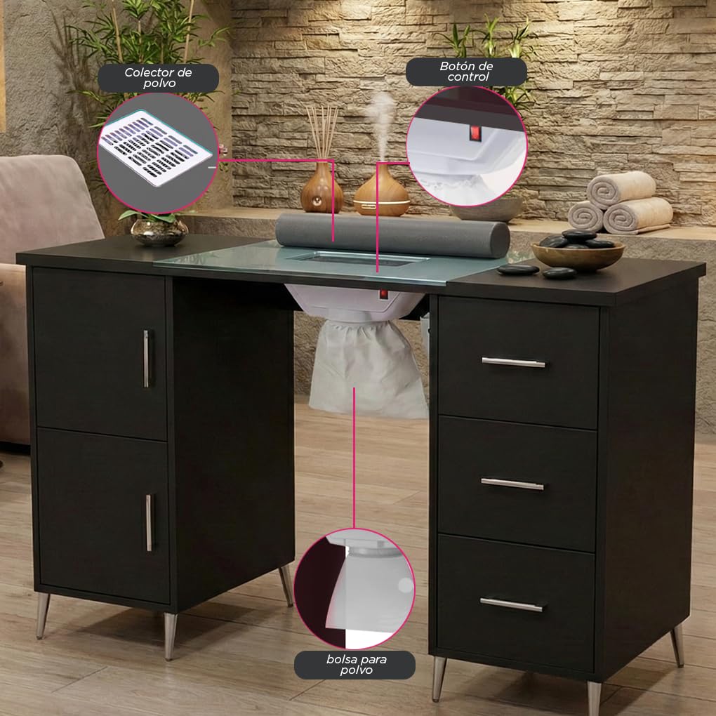 Mesa de Manicura VANLIG Negro Profesional con Colector de Polvo y Cojín