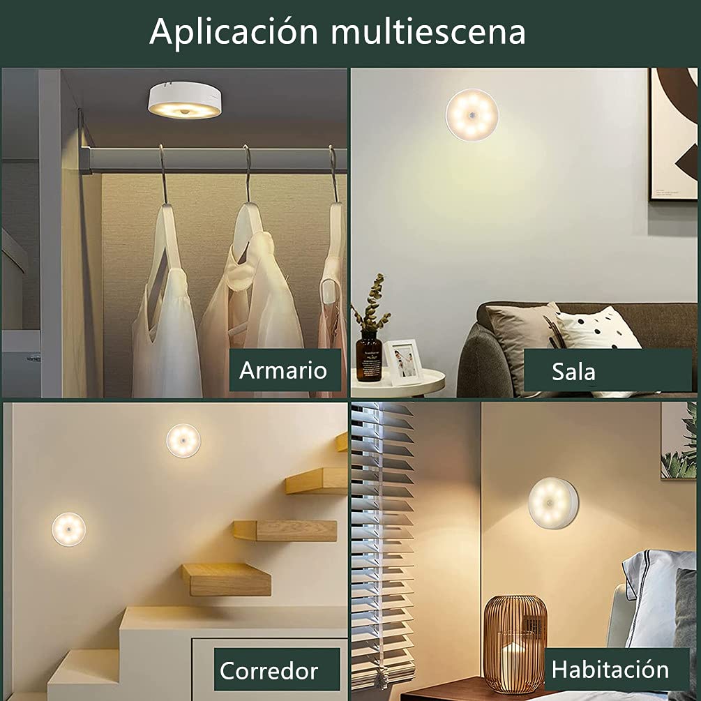 Luces de Noche LED Recargables Adhesivas Blanco Cálido con Sensor de Movimiento Paquete de 6
