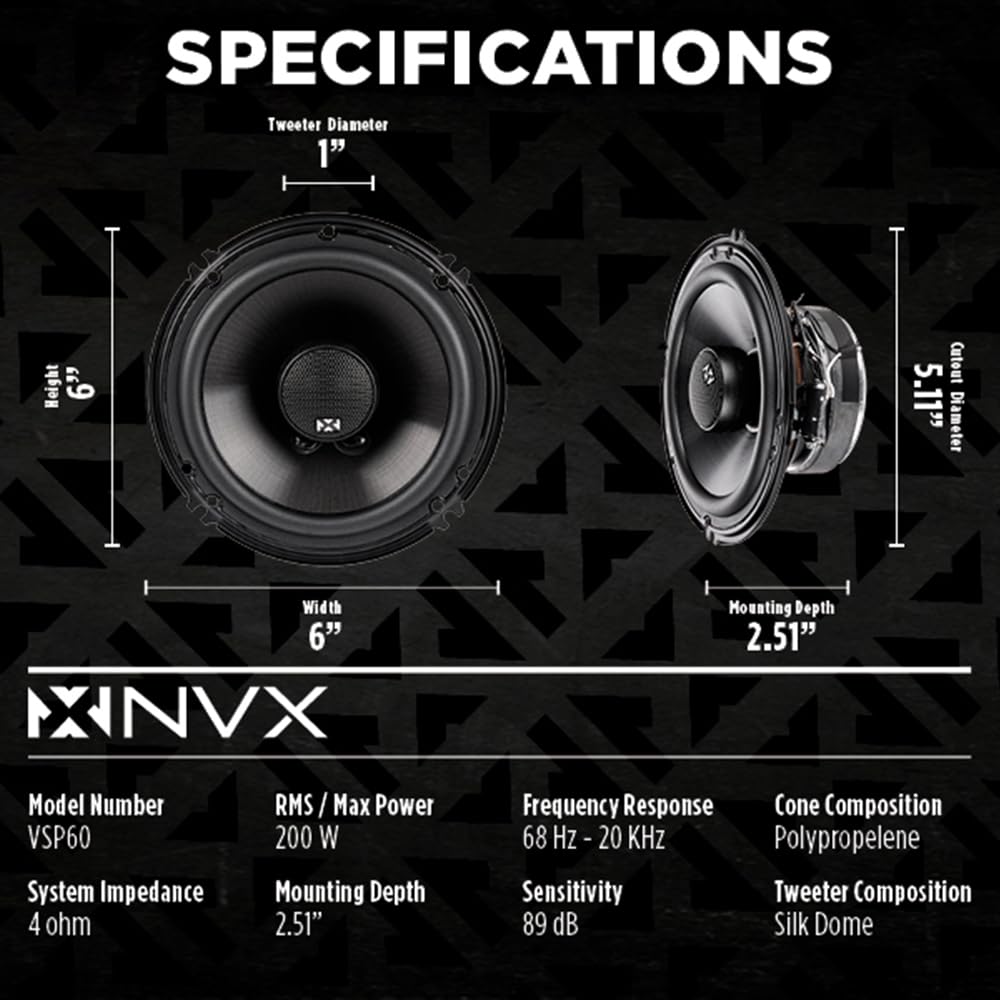 Bocinas Coaxiales 2 Vías NVX 6 Inch 100 Watt RMS con Tweeters de Seda V-Series para Auto