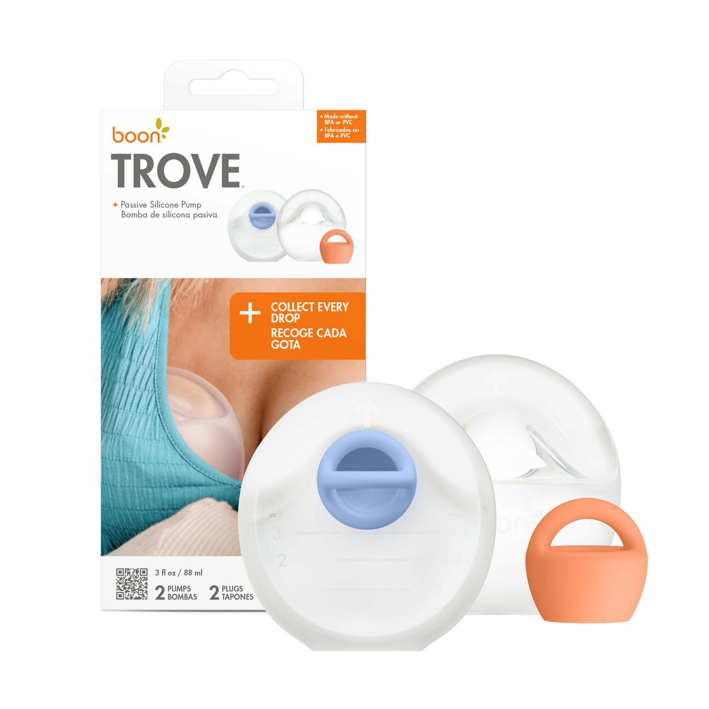 Boon Trove - Juego manual de extractor de leche materna de silicona – Colector de leche materna manos libres, incluye bolsa de viaje de poliéster – Esenciales para la lactancia materna – 2 unidades