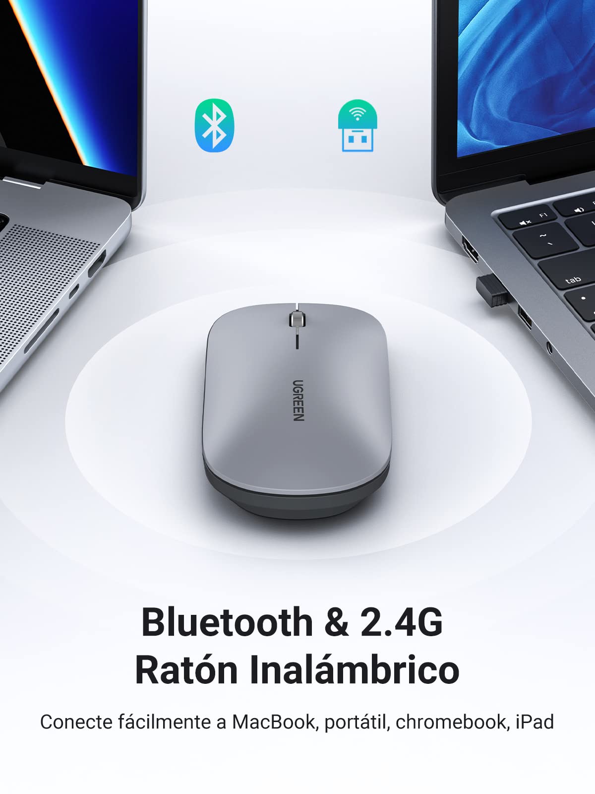 Ratón Inalámbrico UGREEN Gris Bluetooth y USB 2.4G Silencioso 4000 dpi