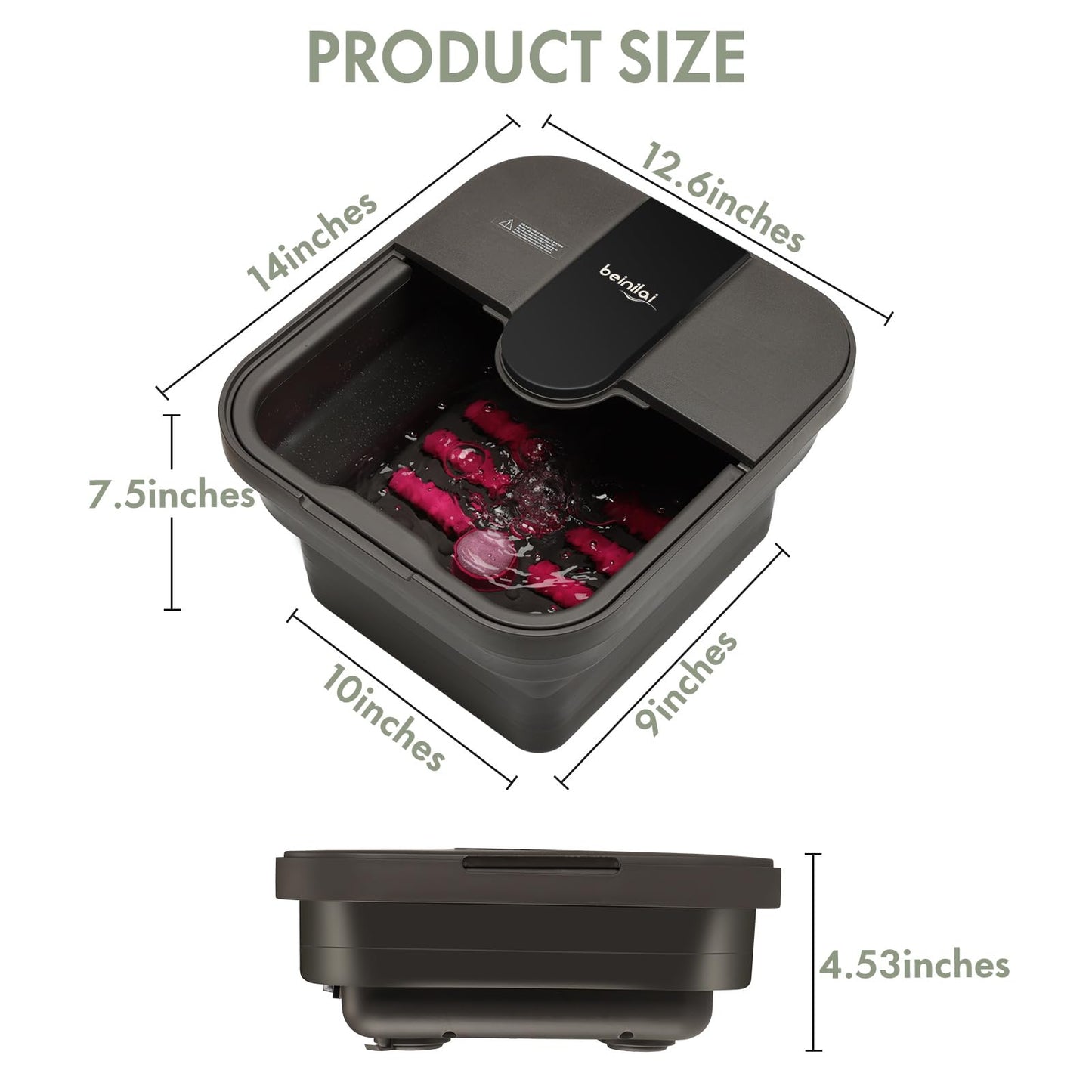 Beinilai Baño De Pies Plegable Con Calor, Burbujas, Rodillos De Masaje, Baño De Pies Con Aceite De Árbol De Té Y Sal De Epsom, Lima De Pies Para Pedicura, Luz Roja, Piedra Pómez Extraíble, Spa Para Pi