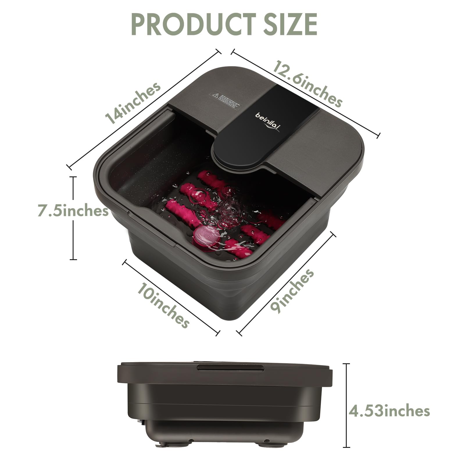 Beinilai Baño De Pies Plegable Con Calor, Burbujas, Rodillos De Masaje, Baño De Pies Con Aceite De Árbol De Té Y Sal De Epsom, Lima De Pies Para Pedicura, Luz Roja, Piedra Pómez Extraíble, Spa Para Pi