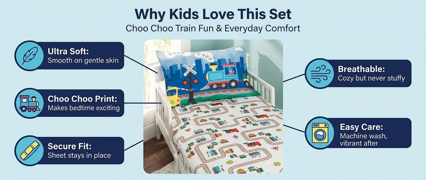Juego de sábanas ajustables y fundas de almohada para niños pequeños, Choo Choo Train, juego de sábanas de microfibra suave y transpirable