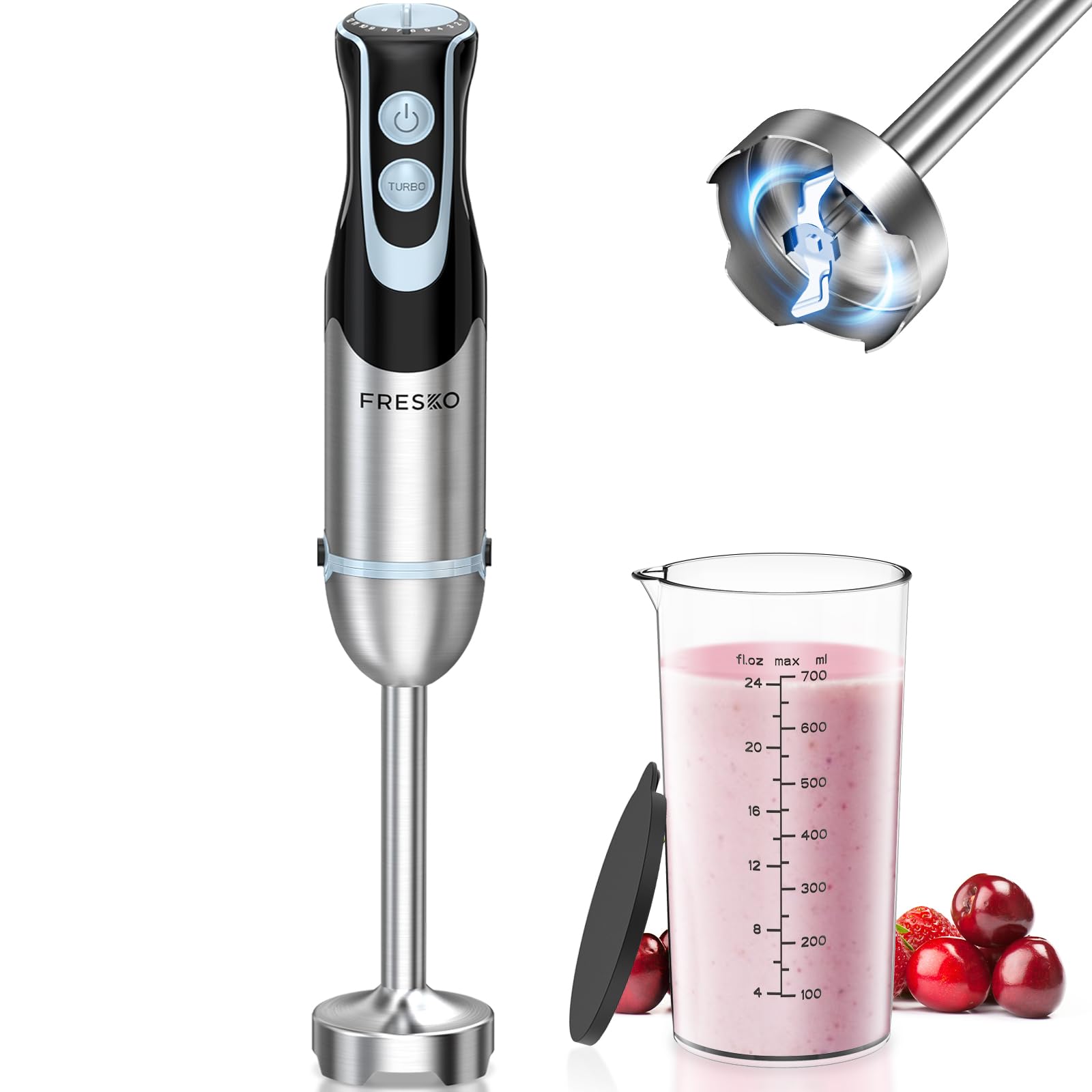 FRESKO Batidora de mano de inmersión de 500 W con vaso de 700 ml, 12 velocidades y modo turbo batidora de mano, cuchillas de acero inoxidable 304 para sopa, licuado, puré, comida para bebés