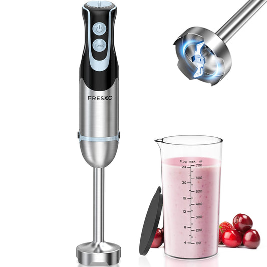 FRESKO Batidora de mano de inmersión de 500 W con vaso de 700 ml, 12 velocidades y modo turbo batidora de mano, cuchillas de acero inoxidable 304 para sopa, licuado, puré, comida para bebés
