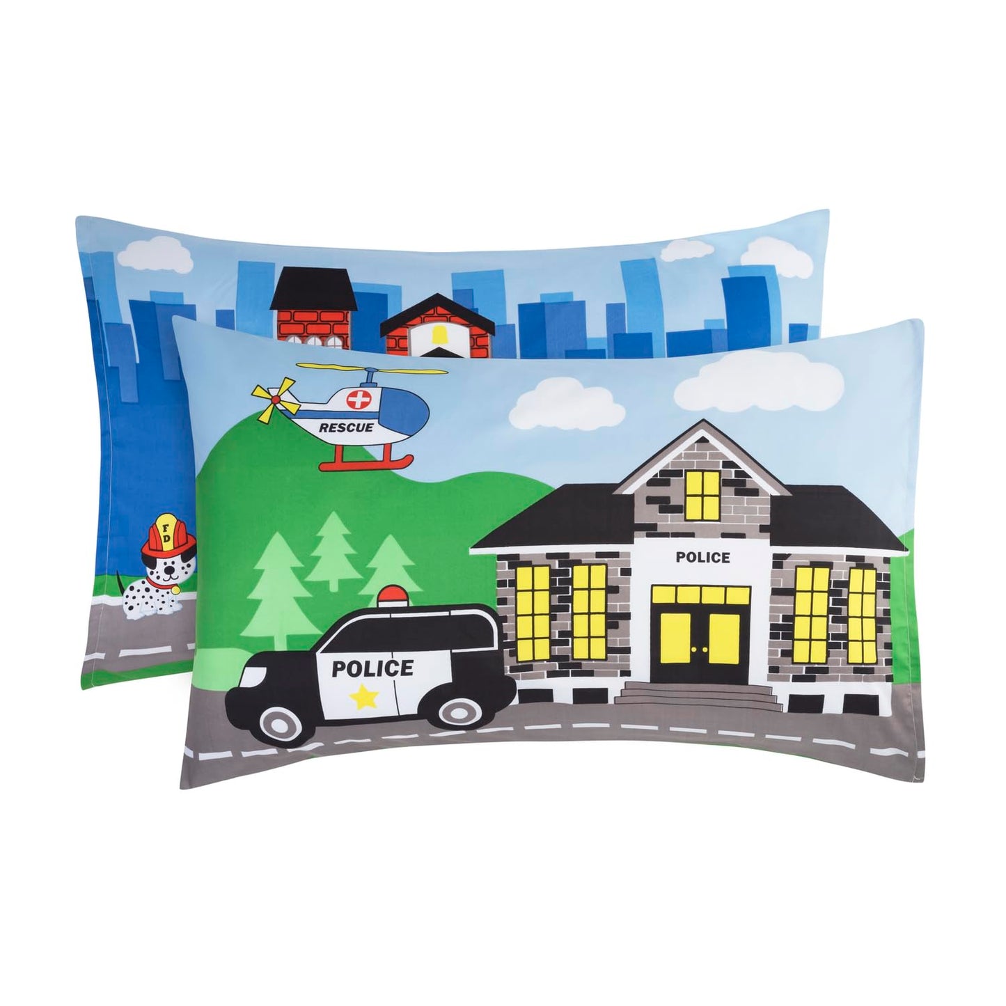 EVERYDAY KIDS - Juego de sábanas bajeras de 3 piezas para niños pequeños, sábana encimera y funda de almohada – Policía, fuego y rescate, juego de sábanas de microfibra suave y transpirable para niños