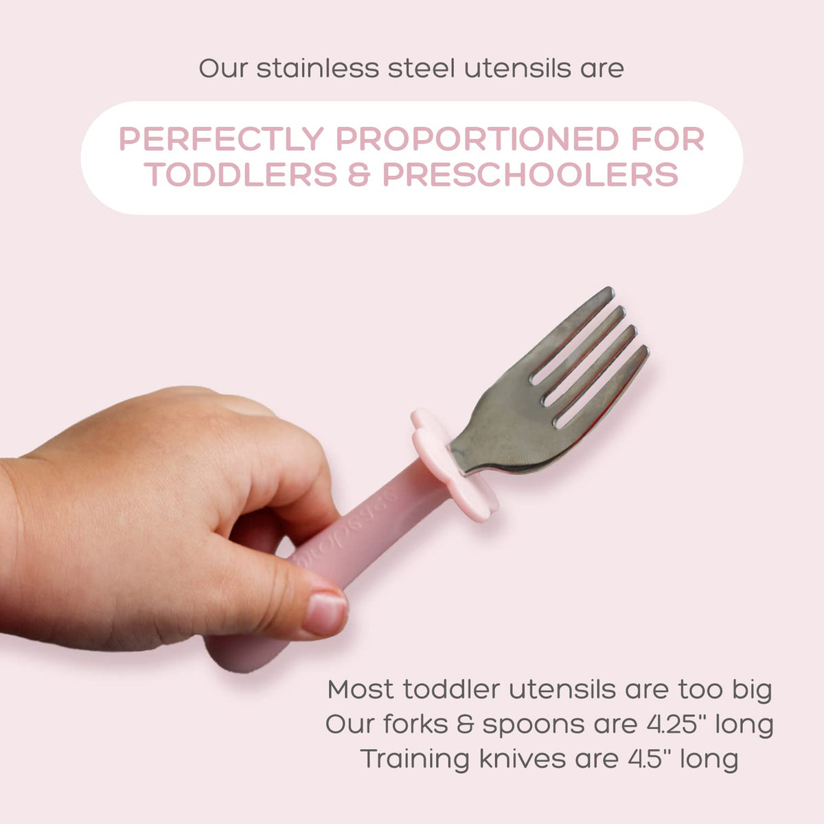 Grabease Juego de utensilios de acero inoxidable de 3 piezas para alimentación independiente: tenedor, cuchara y cuchillo de seguridad para 18 meses en adelante; BPA, PVC, sin plomo ni ftalatos y apto para lavavajillas (rosa rubor)