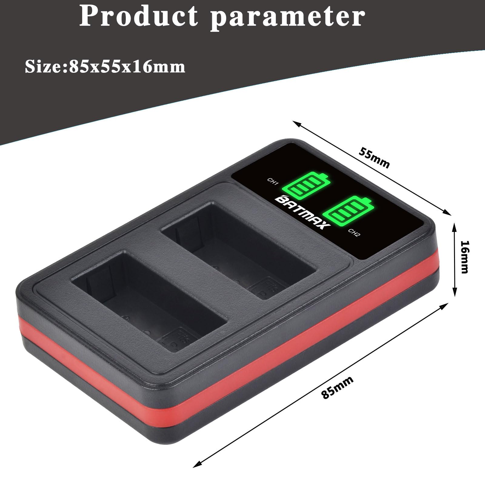 Batmax - Paquete de 2 baterías LP-E5 + LED Dual Bulit-in cargador USB con puerto tipo C para Canon EOS Rebel XS, Rebel Xsi, Rebel T1i, 1000D, 500D, 450D, Kiss F, Kiss X2, Kiss X3