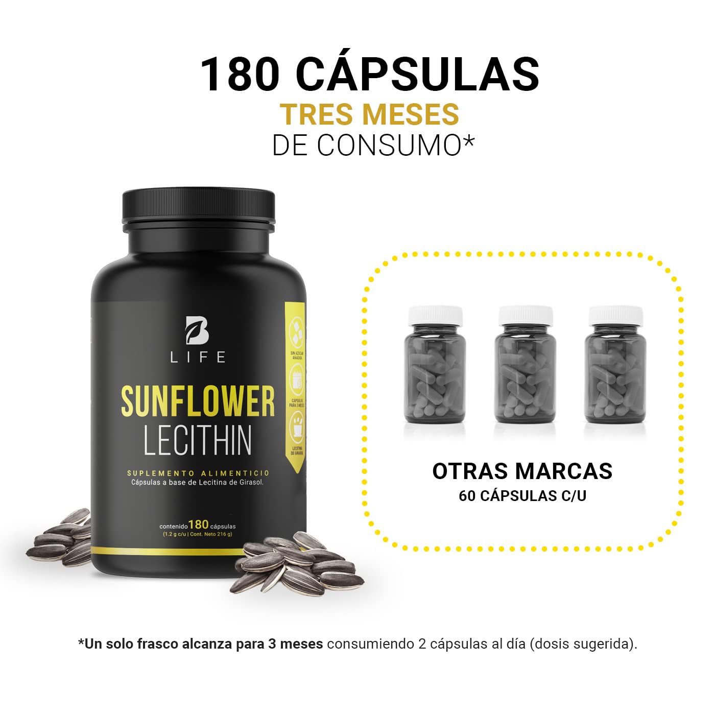 Lecitina de Girasol 180 Cápsulas Blandas 1200 mg. Ingredientes naturales. Sunflower Lecithin B Life.