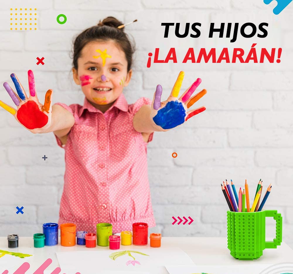 John & John Taza armable de diseño Divertido para Ladrillos, Incluye un muñeco y 2 Sets de Bloques de construcción para Jugar (10 Colores) - Verde