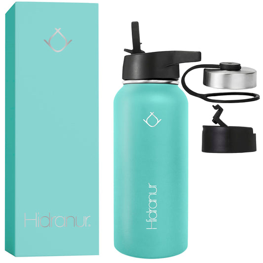 Hidranur Termo de Acero Inoxidable Doble Aislamiento Térmico, Termo Para Café 32 oz (946.35 ml), 3 Tapas Herméticas, 2 Popotes, 24 Hrs de Agua Caliente y Fría (Turquesa, 32 Oz (946.35 ml))