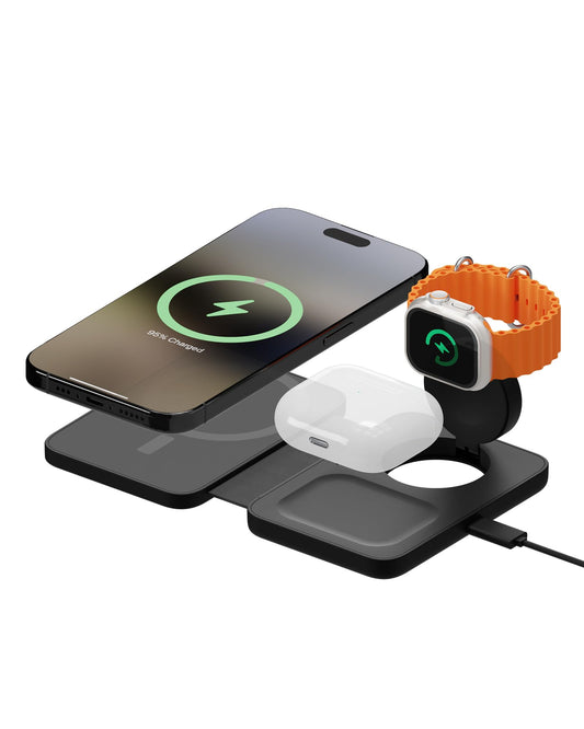 Mous - Cargador inalámbrico 3 en 1 - Cargador de viaje para múltiples dispositivos MagSafe compatible para iPhone, Apple Watch y AirPods