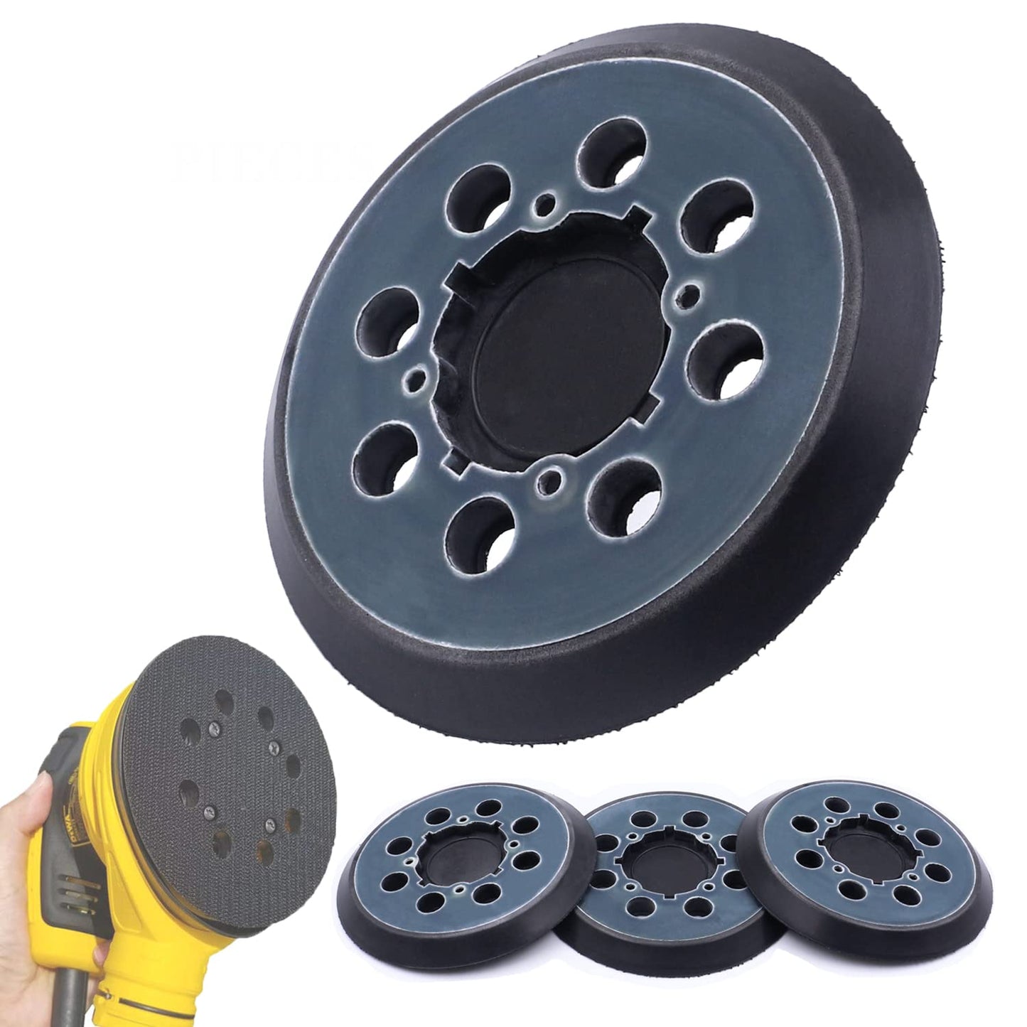 Paquete de 4 almohadillas para orejas de lijado de repuesto de gancho y bucle de 5 pulgadas para DeWalt DWE64233 y N329079 compatible con DWE6423/6423K, DWE6421/6421K, DWE6421-B2, DWE6421-B3, DWE6421-BR, DCC. W210B (4 paquetes)