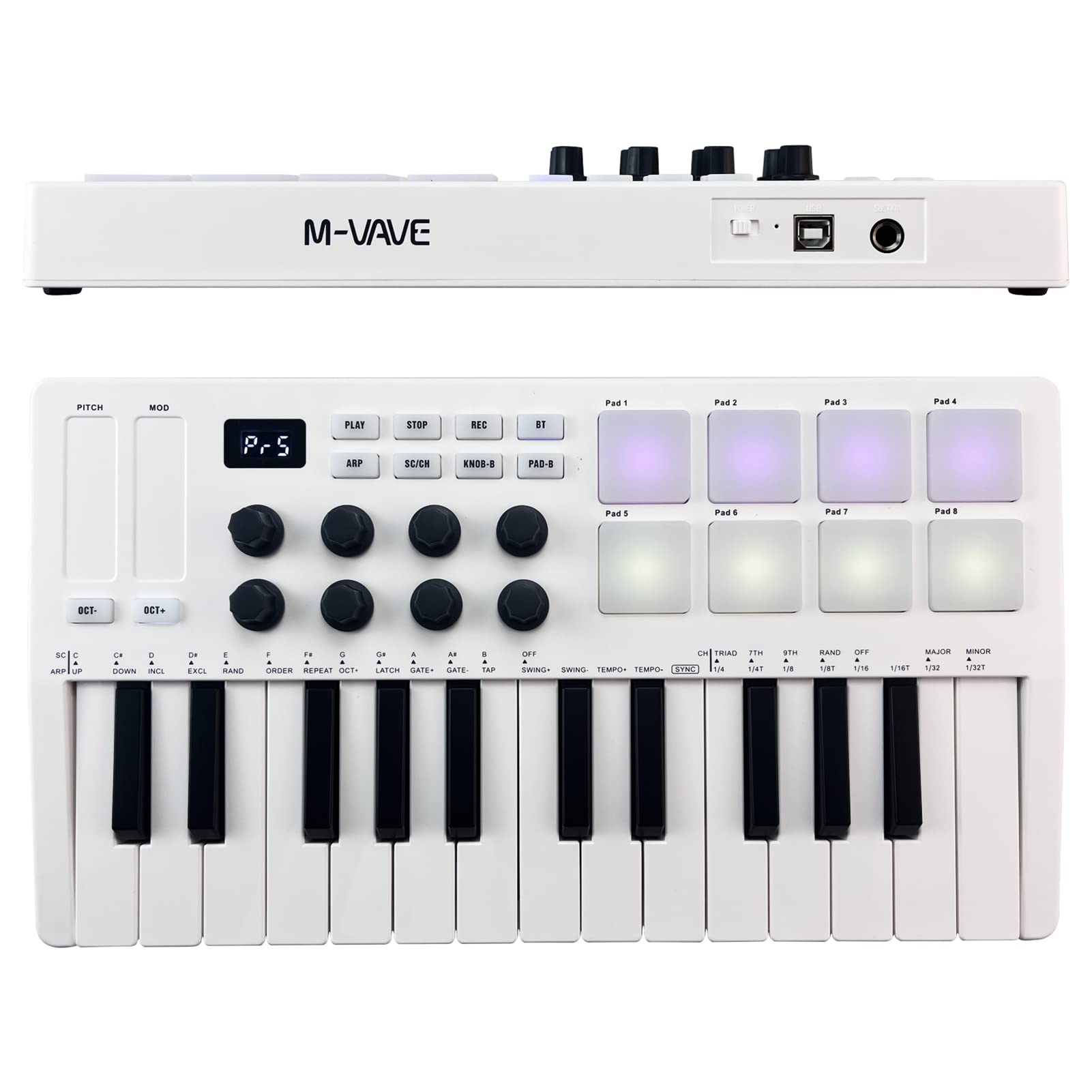 Laurio Teclado de Control Midi de 25 Teclas Mini Teclado USB portátil Controlador Midi con 25 Teclas sensibles a la Velocidad 8 Almohadillas retroiluminadas RGB 8 perillas