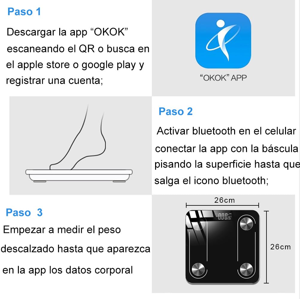 INGEQUIS Báscula Inteligente de Grasa Corporal, Balanza Digital Recargable USB para Detectar Datos de Salud, Medición Precisa con Vidrio Fino y Elegante, Transmisión via Bluetooth en APP Celular