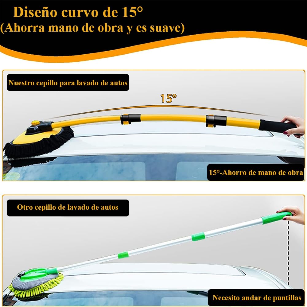Cepillo para Lavar Carros, Kit de Limpieza para Auto, Kit de Trapeador para Lavado de Autos Con Mango Largo, Barra Telescópica 50-102 cm Con Producto de Limpieza de 3 Etapas (Negro-Amarillo)