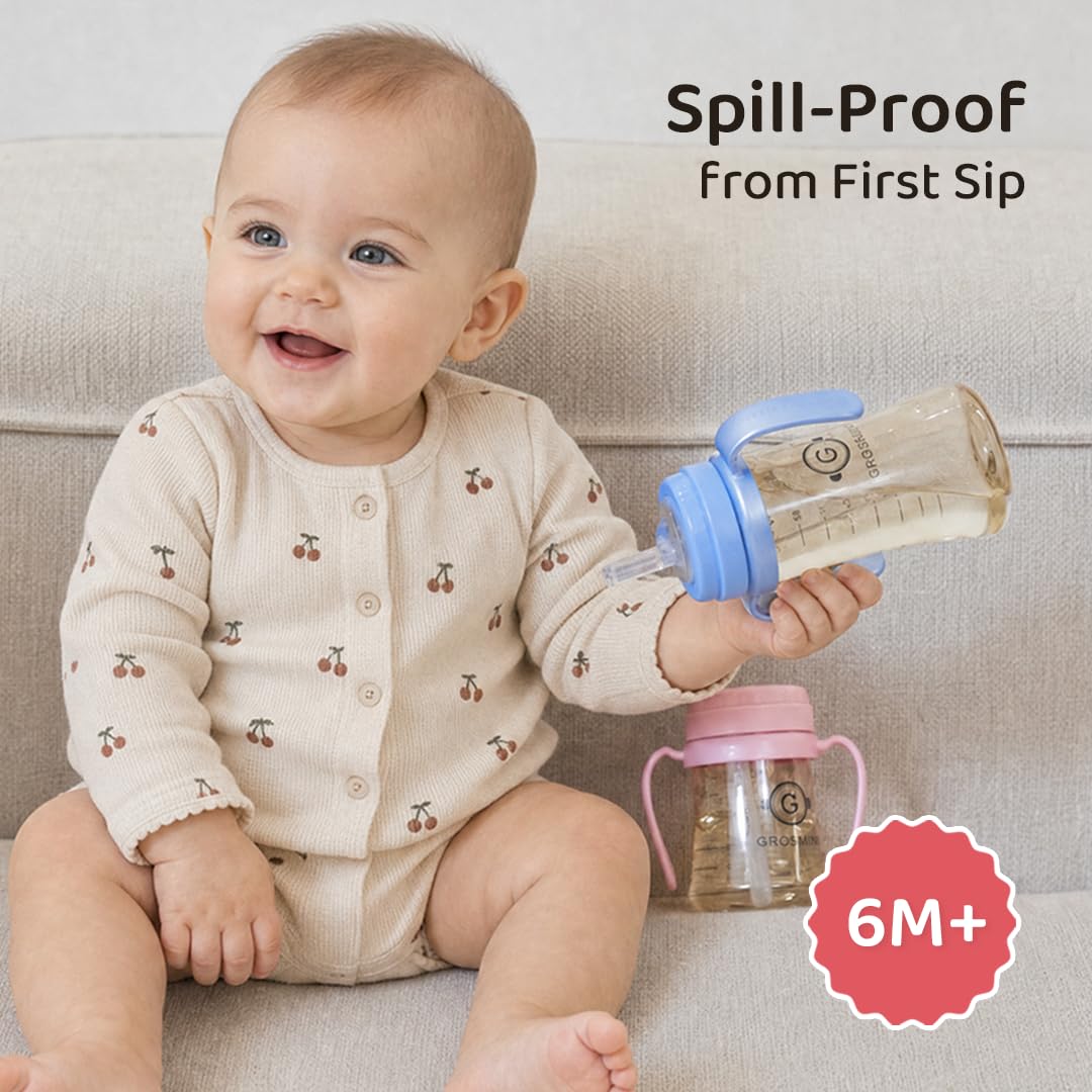 GROSMIMI - Taza mágica sin derrames a prueba de derrames con pajita con asa para bebés y niños pequeños, personalizable, sin BPA, 6 onzas (carbón)