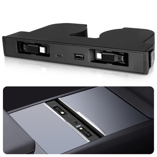 DGXWLLW Hub USB para Tesla Model Y Juniper 2025 2026 Modelo 3 Highland 2024 2025 con diseño hundido, 99W 4 en 1 Multi puertos Cargador rápido con cable retráctil estación de acoplamiento adaptador de