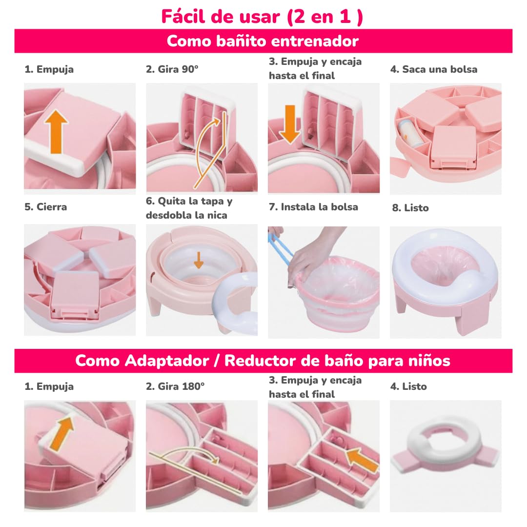 Baño Entrenador Niño 2 en 1 (Bacinica Portátil y Asiento de Inodoro). Para Potty Training. Plegable, Fácil y Seguro, Ideal para Casa, Viajes, Camping. Incluye: Maletita, 5 Rollos de Bolsas (Rosa)