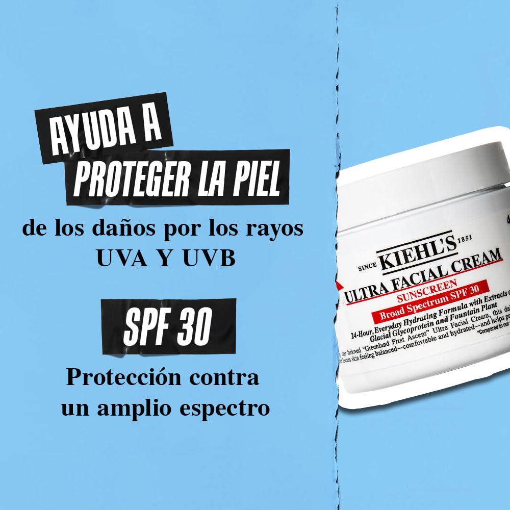 Kiehl's Ultra Facial Face Cream, Crema Facial Hidratante con 30 FPS, Para Todo Tipo de Piel con Protección Solar UV 24 Horas, Con Glicoproteína, Sin Grasa, 50 ml