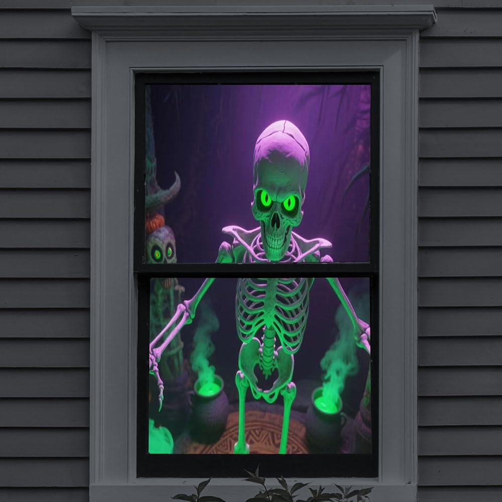 visualización de proyección trasera holográfica de Halloween de 40 x 60 pulgadas y decoración de Navidad para ventanas de departamento con kit fácil de colgar, decoración de Halloween espeluznante