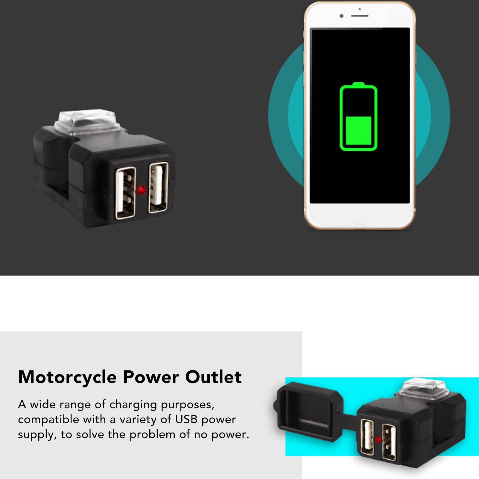 Fydun Cargador de Teléfono para Motocicleta, Doble Cargador USB 5V 2A Carga Rápida Impermeable Cable de Extensión para Smart Phone Tablet GPS 9-90V 9-90V
