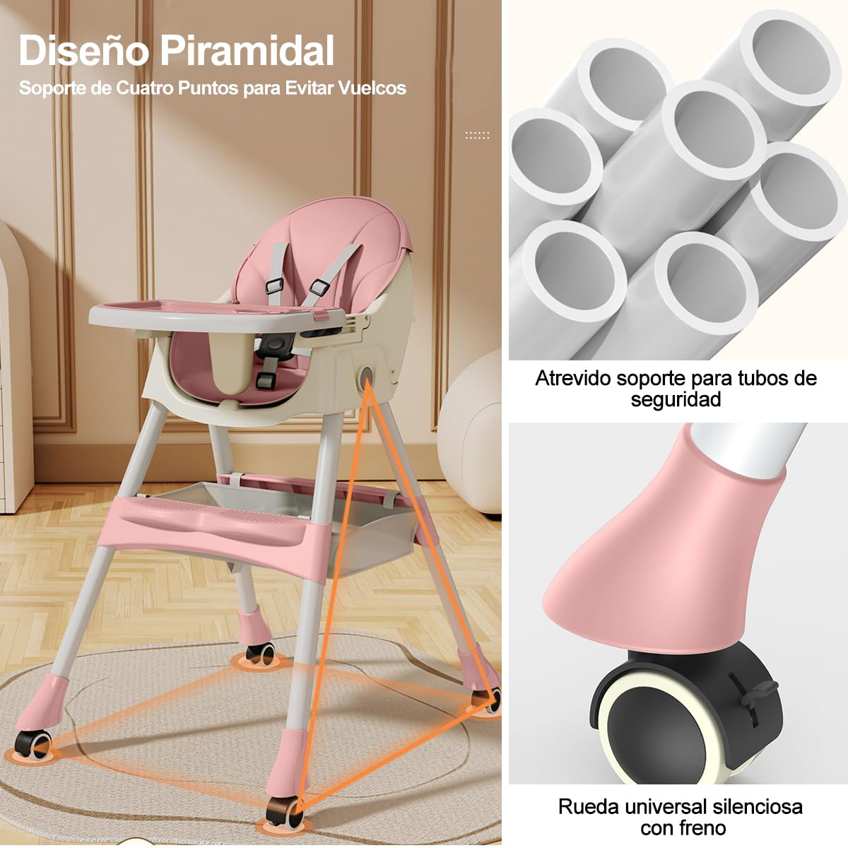 SLNXA Silla Alta para Bebé Multifuncional Silla de Comedor, Sillón y Mecedora en Uno con Ruedas Universales, Plato Llano Doble Extraíble, Cesta de Almacenamiento y Cojín de PU, Ajustable Plegable (Rosa)