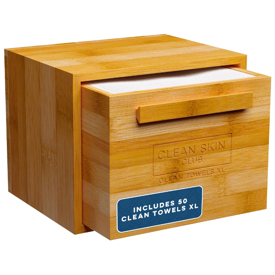 CLEAN SKIN CLUB Caja de Bambú Luxe con Cajón Y Toallas Xl, Toalla Facial, Toallitas Secas Desmaquillantes Desechables, Lavado Facial (Cajón Contenedor de Bambú) 50 Unidades (Paquete de 1)