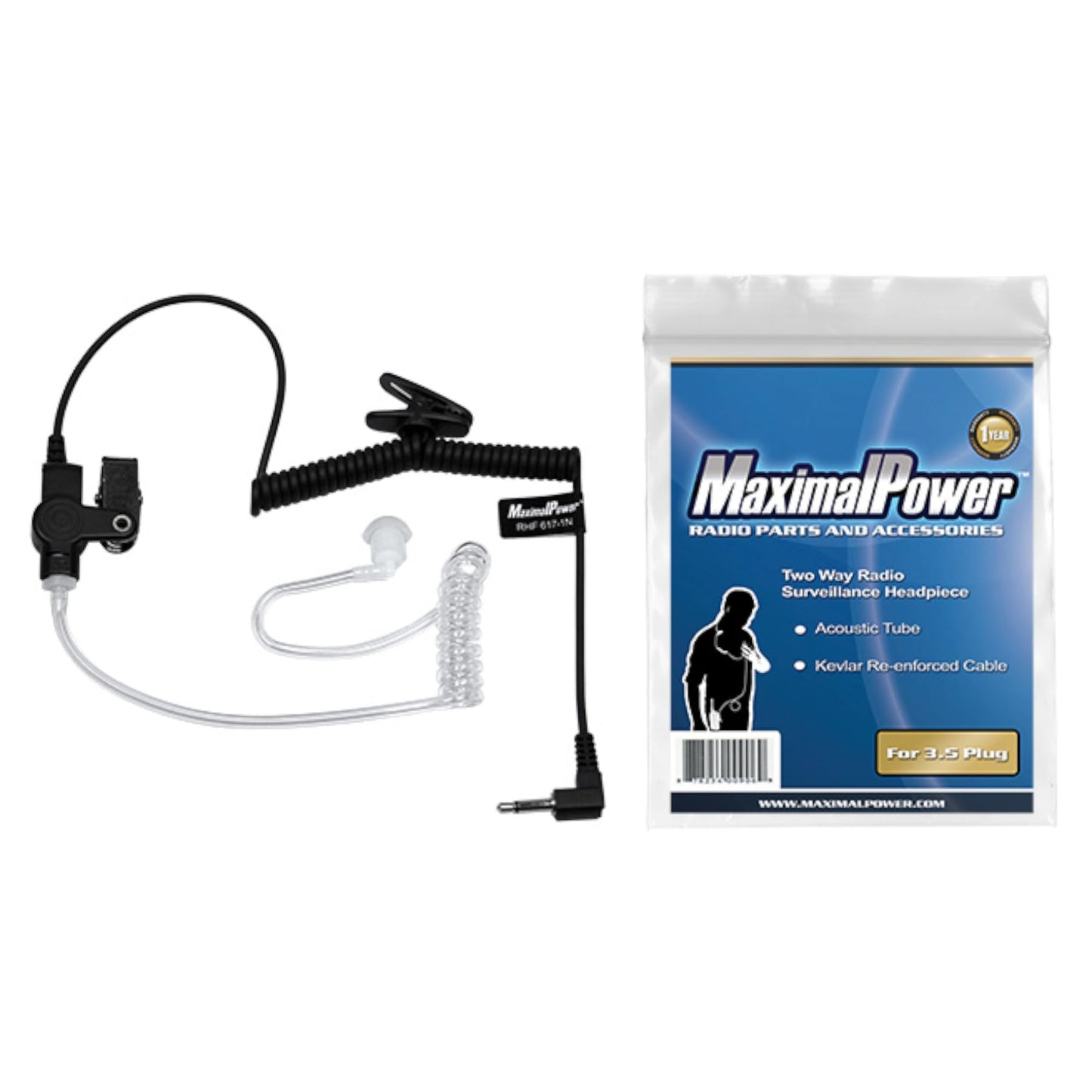 Auriculares de Vigilancia MaximalPower Transparentes con Tubo de Bobina Acústica 3,5 mm para Radios Bidireccionales (Paquete de 3)