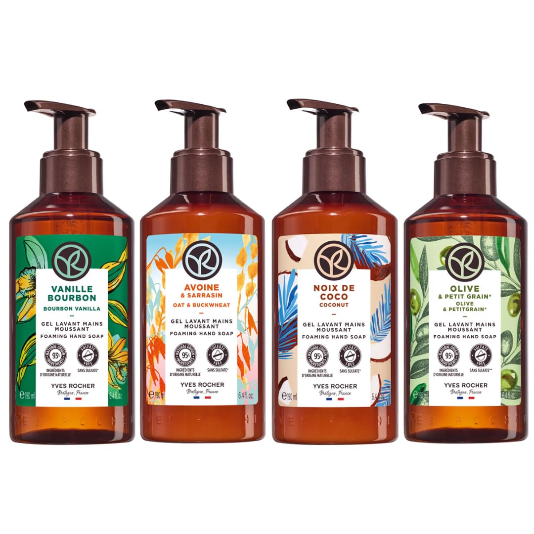 Yves Rocher 4 PACK jabón líquido para manos aromas RELAJANTES - RECONFORTANTES: Vainilla Francesa + Avena y Trigo Sarraceno + Coco + Oliva y Naranjo Amargo (190 ml C/U)