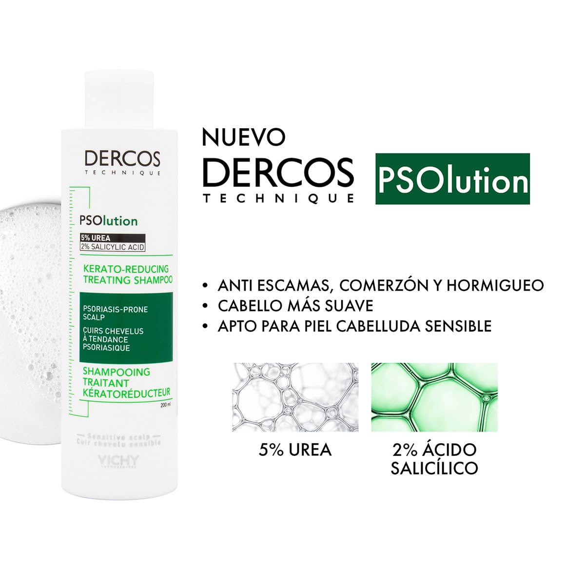 Dercos Psolution Shampoo de Tratamiento Kera Reconstructor para Piel Cabelluda Sensible, 200ml