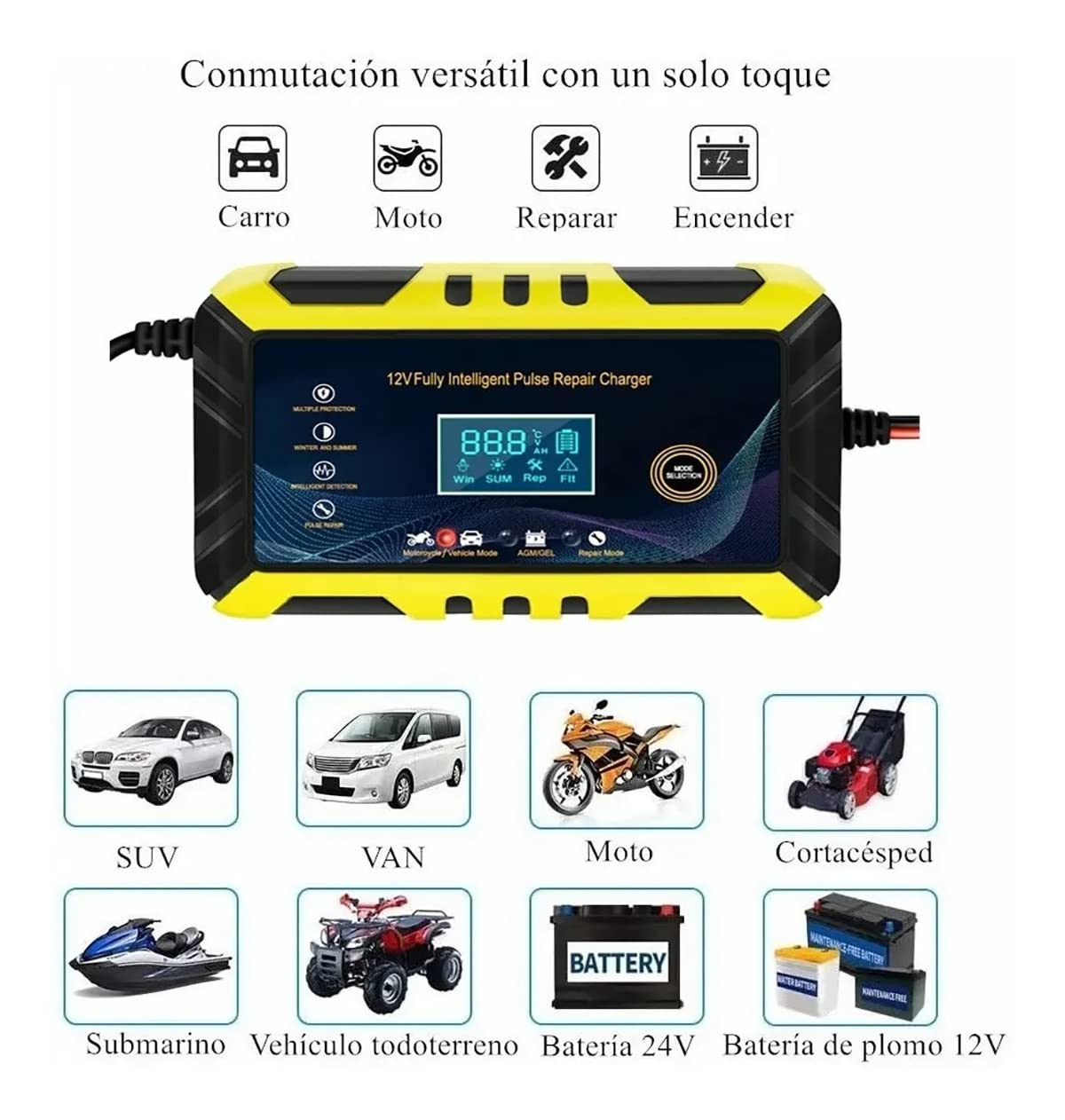 Cargador de Batería Inteligente Automático para Auto y Moto 12V 6A con Múltiples Protecciones