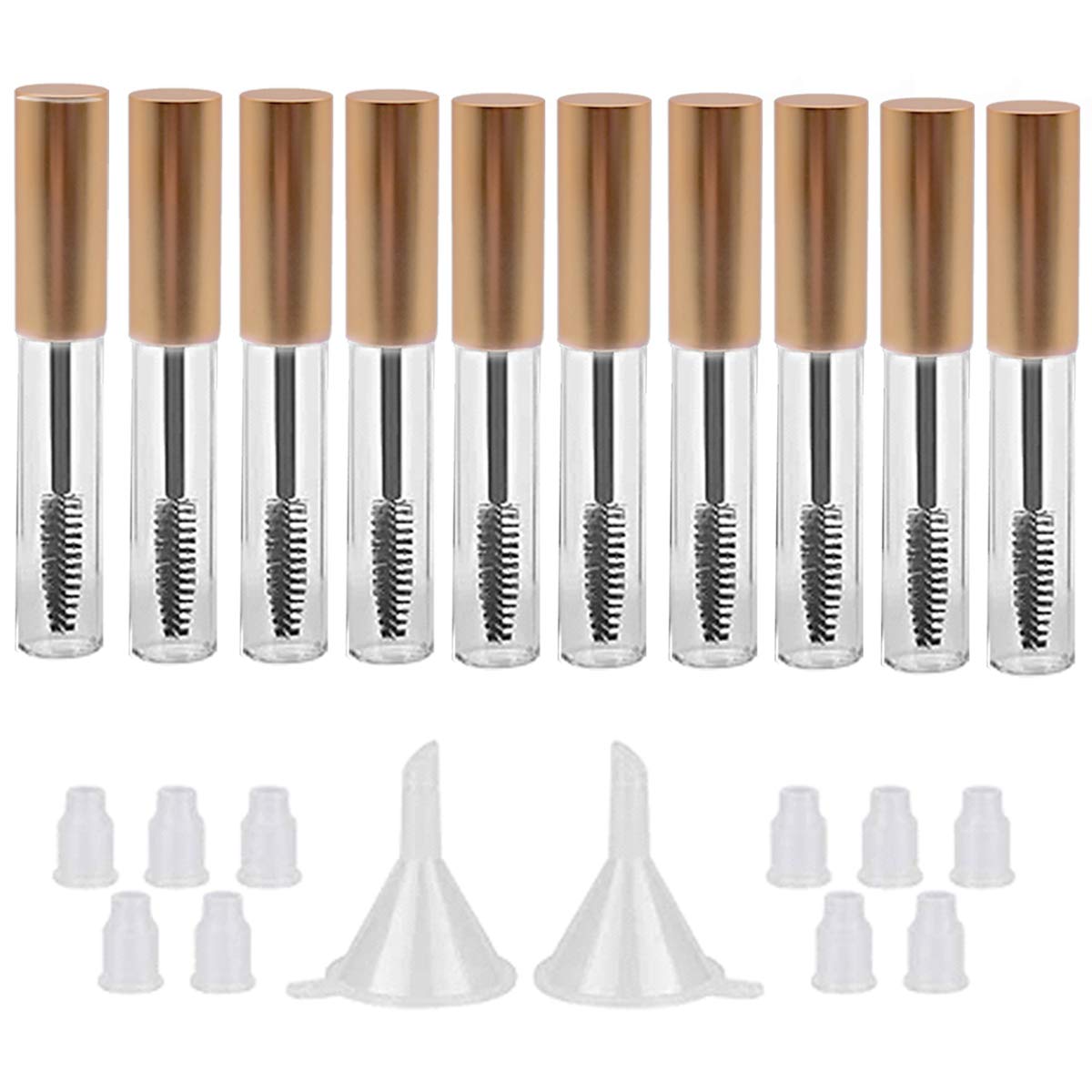GTHER - Juego de 10 botellas vacías de 10 ml con varita de pestañas e insertos de goma y embudos para aceite de ricino/aceite de crecimiento de pestañas, contenedor de crema de pestañas con tapa, color dorado mate