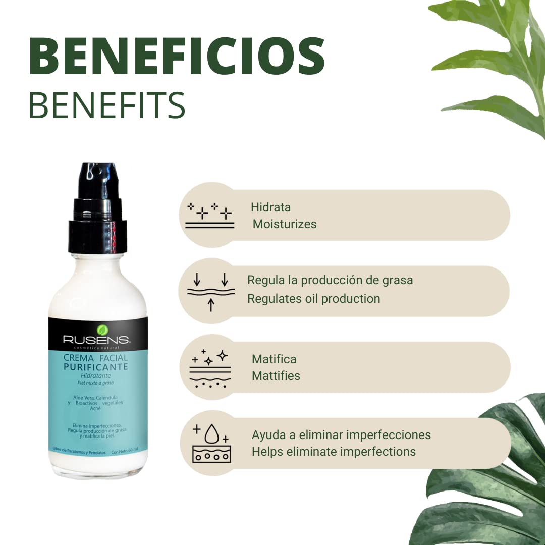 Rusens - Crema Facial Purificante, Matificante (Antiacné) 99% Natural, Ideal para Piel Grasa a Mixta con Tendencia a Acné, - Consistencia Ligera y de Rápida Absorción- Regula Producción de Grasa, Controla Barritos y Espinillas, Hidrata la piel.