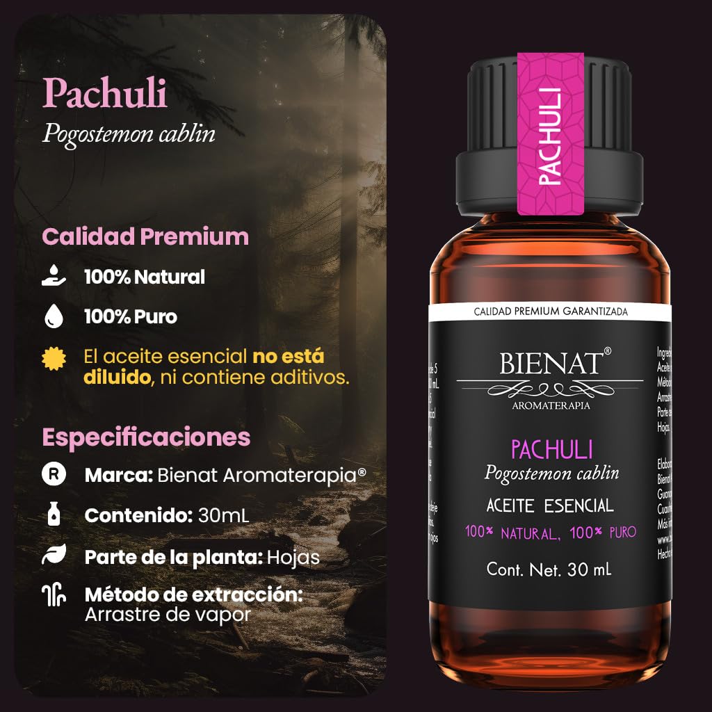 BIENAT AROMATERAPIA Aceite Esencial de Pachuli 30mL | 100% Puro y Concentrado | Ideal para Difusor de Aromas, Humidificador, Aromaterapia, Masajes, Meditación, Jabones y Velas | Esencia Natural en Gotas
