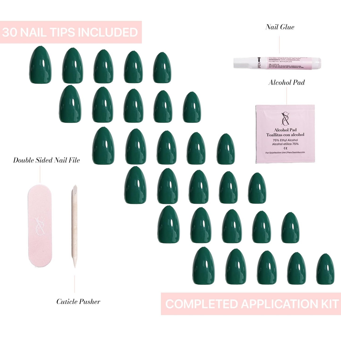 SXC Uñas postizas de la marca Cosmetics | Serie X1, almendra corta (026 Esmalte Esmeralda)