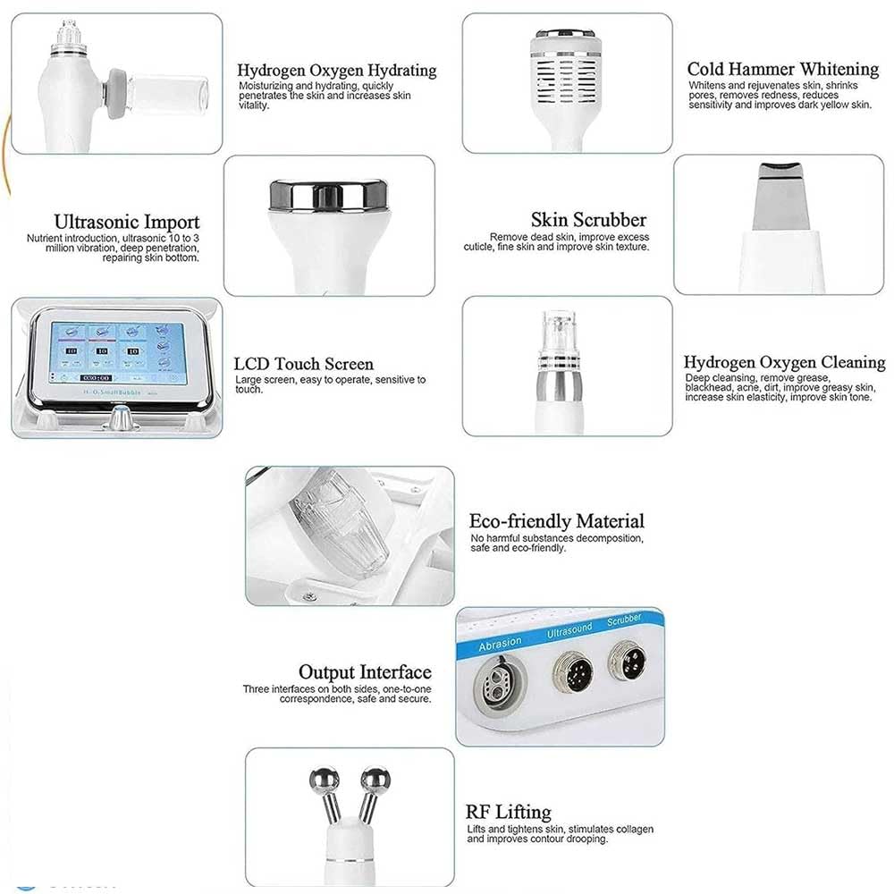 Máquina Facial de Oxígeno de Hidrógeno 7 en 1, Instrumento de Belleza de Burbujas Pequeñas, Diamante Dermoabrasión, Multifuncional de Limpieza Hydro Portátil, para el Hogar, Spa