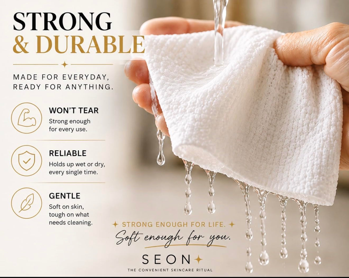 seon Toallas faciales desechables SEON SoftSkin, toallas de limpieza facial biodegradables ultrasuaves, paquete de 50 unidades.